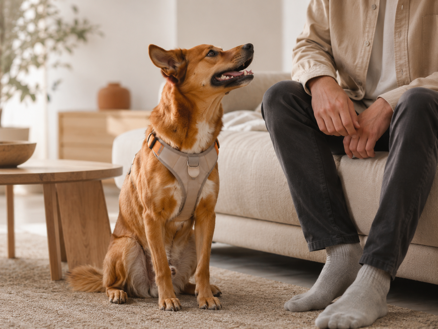 Dog wearing a comfortable harness in a calm modern home